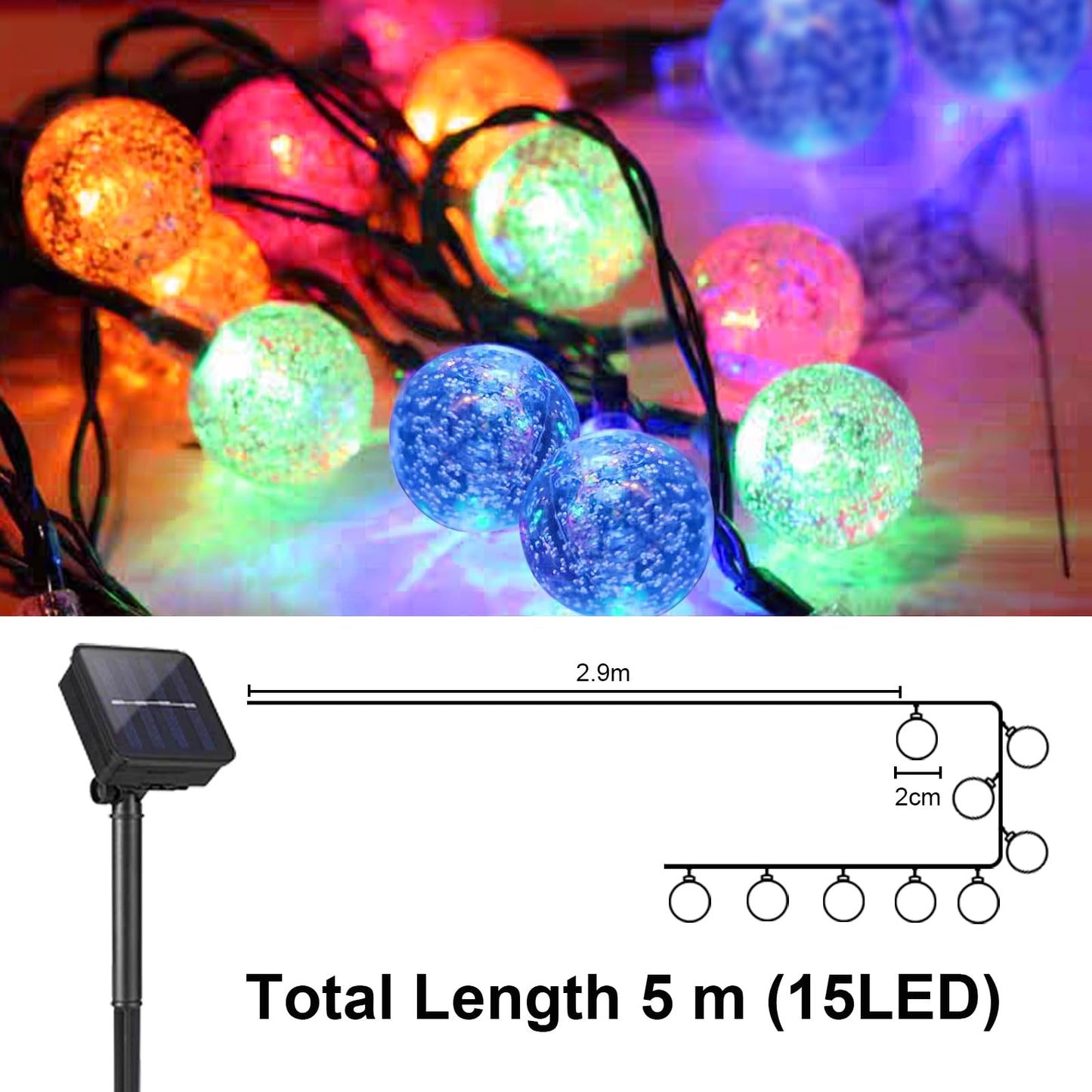 Solar-Lichterkette mit farbigen Kristallkugel-LEDs und Solarpanel am schwarzen Kabel
