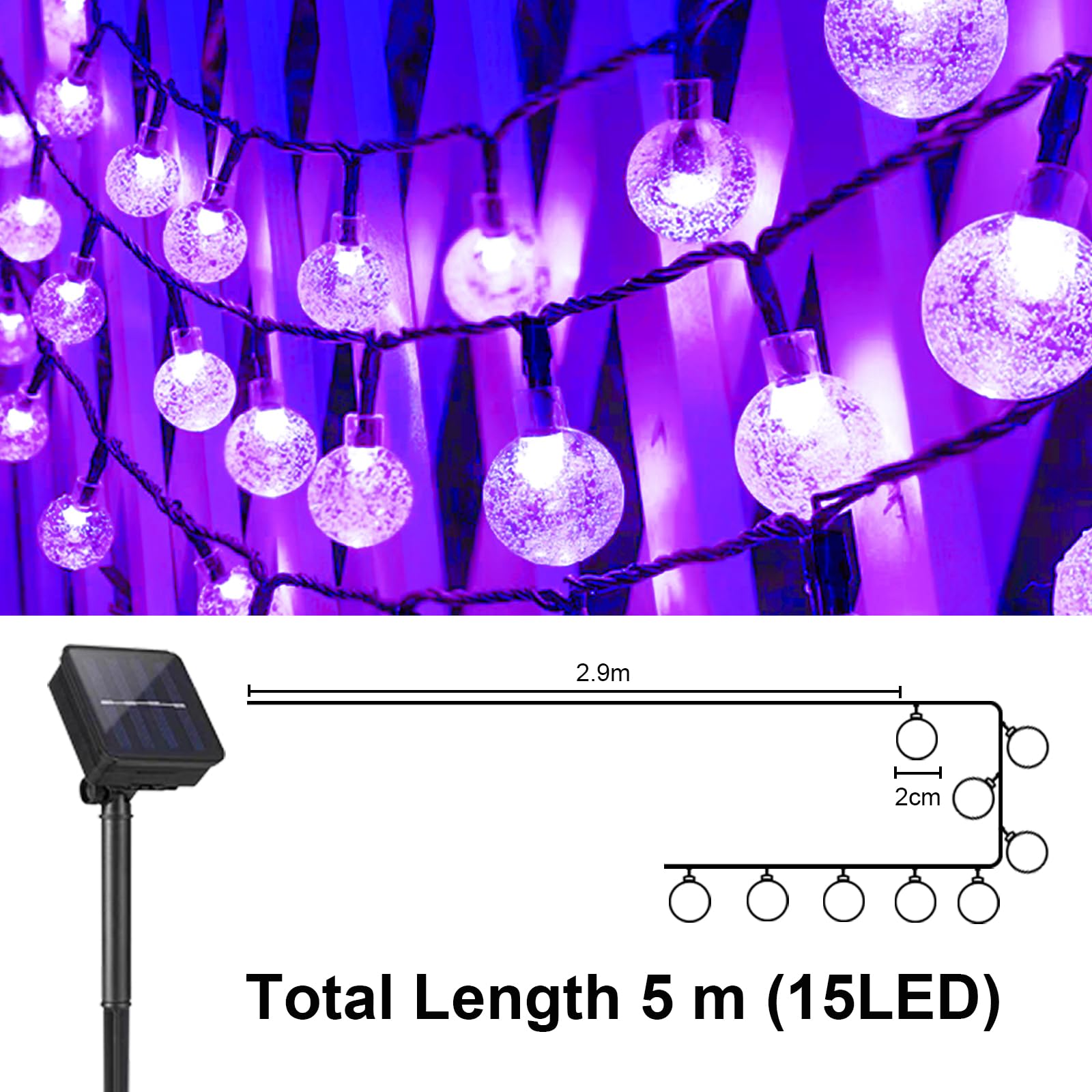 Solar-Lichterkette mit violetten Glaskugel-LEDs und Solarpanel, Länge 5 m