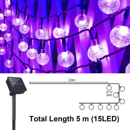 Solar-Lichterkette mit violetten Glaskugel-LEDs und Solarpanel, Länge 5 m