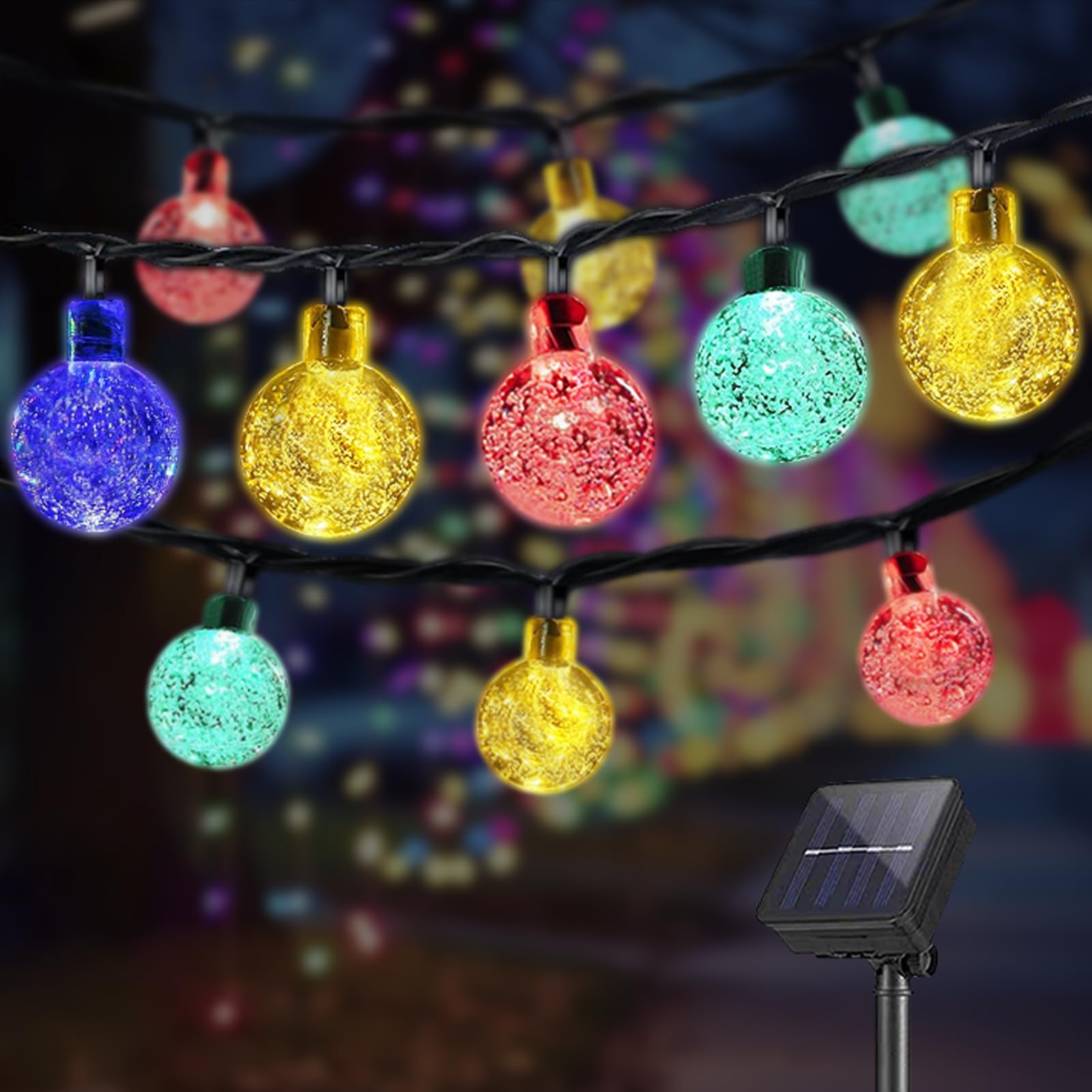 Solar-Lichterkette mit funkelnden Kristallkugel-LEDs in bunten Farben am schwarzen Kabel