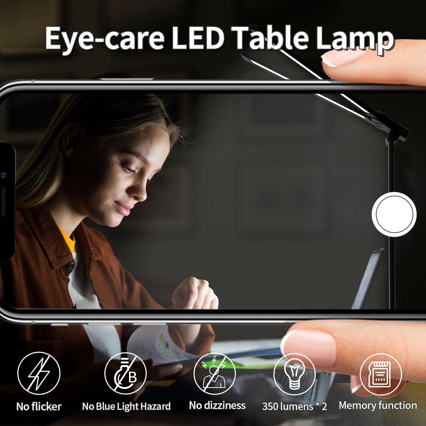 LED-Tischlampe über Buch beim Lesen, zwei schwenkbare Lichtarme, schwarze Ausführung
