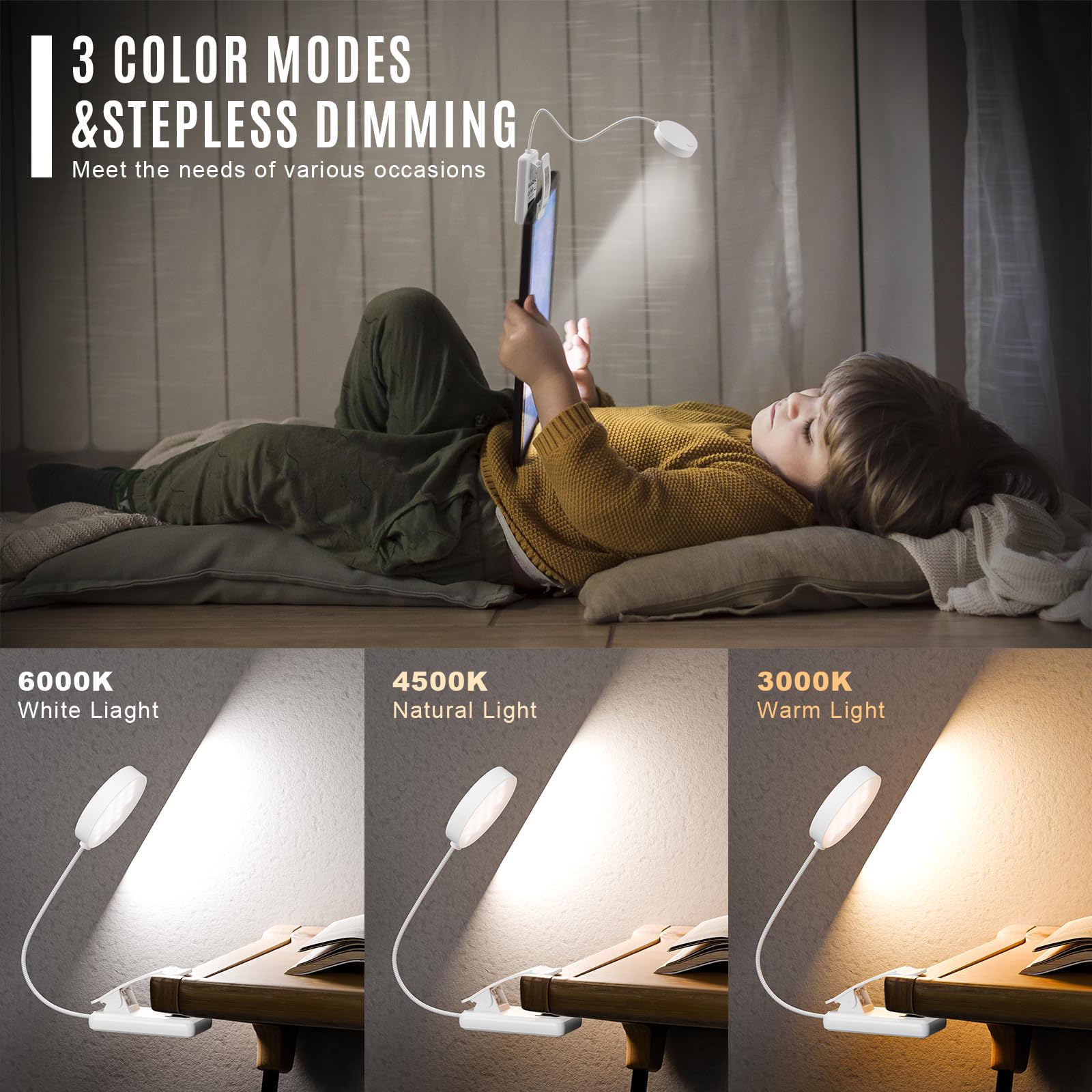 Weiße Buchleselampe am Bett neben Kind, LED-Kopf über geöffnetem Buch