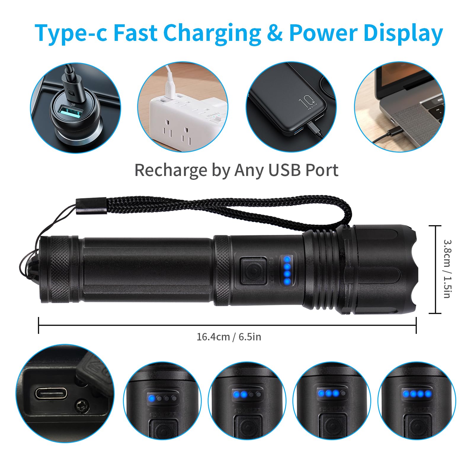 LED-Taschenlampe mit USB‑C-Ladeanschluss, Power-Display und Trageschlaufe