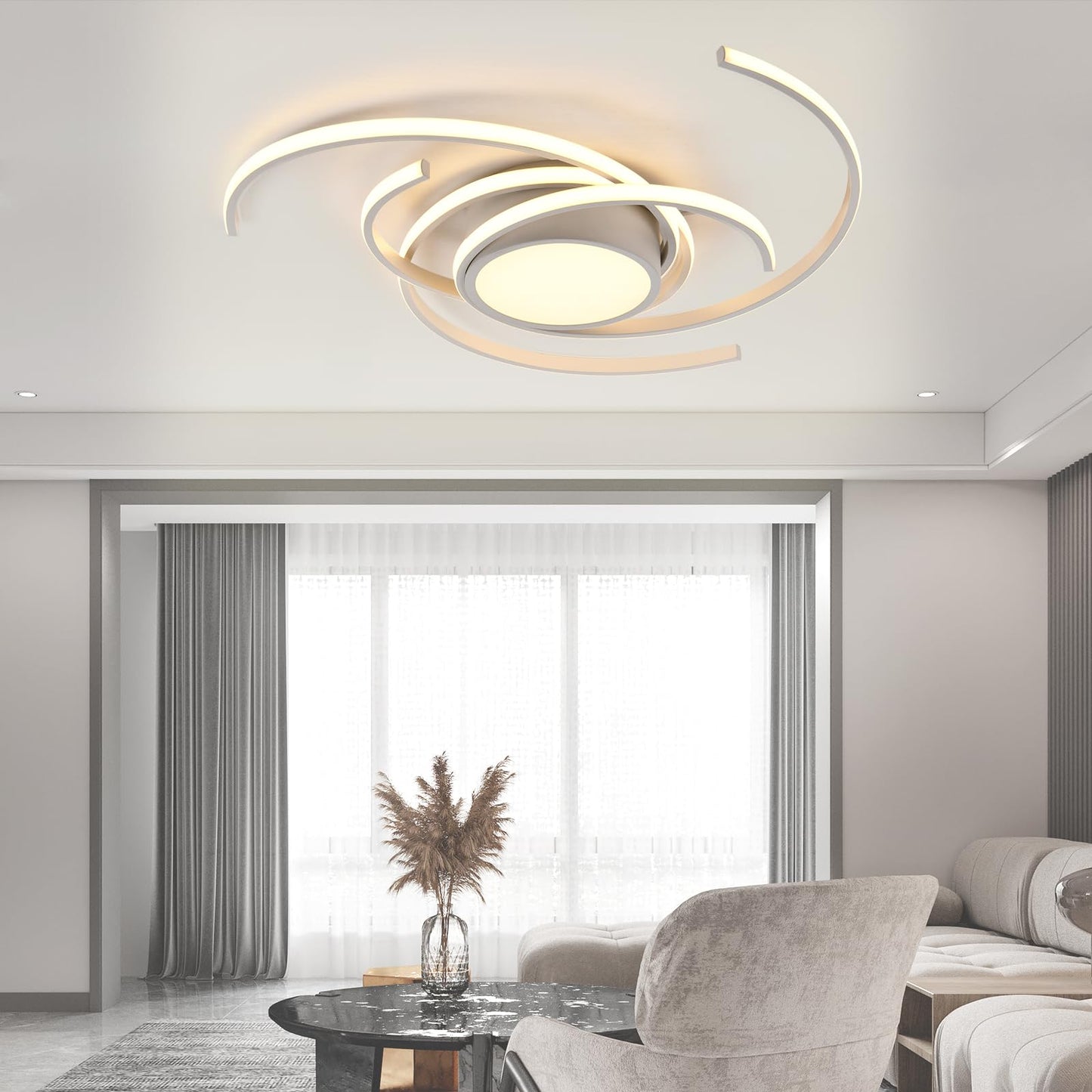 LED-Deckenleuchte mit mehrteiligen weißen Ringen und warmweißem Licht