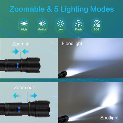Zoombare LED-Taschenlampe mit 5 Lichtmodi: Spotlight und Flächenlicht