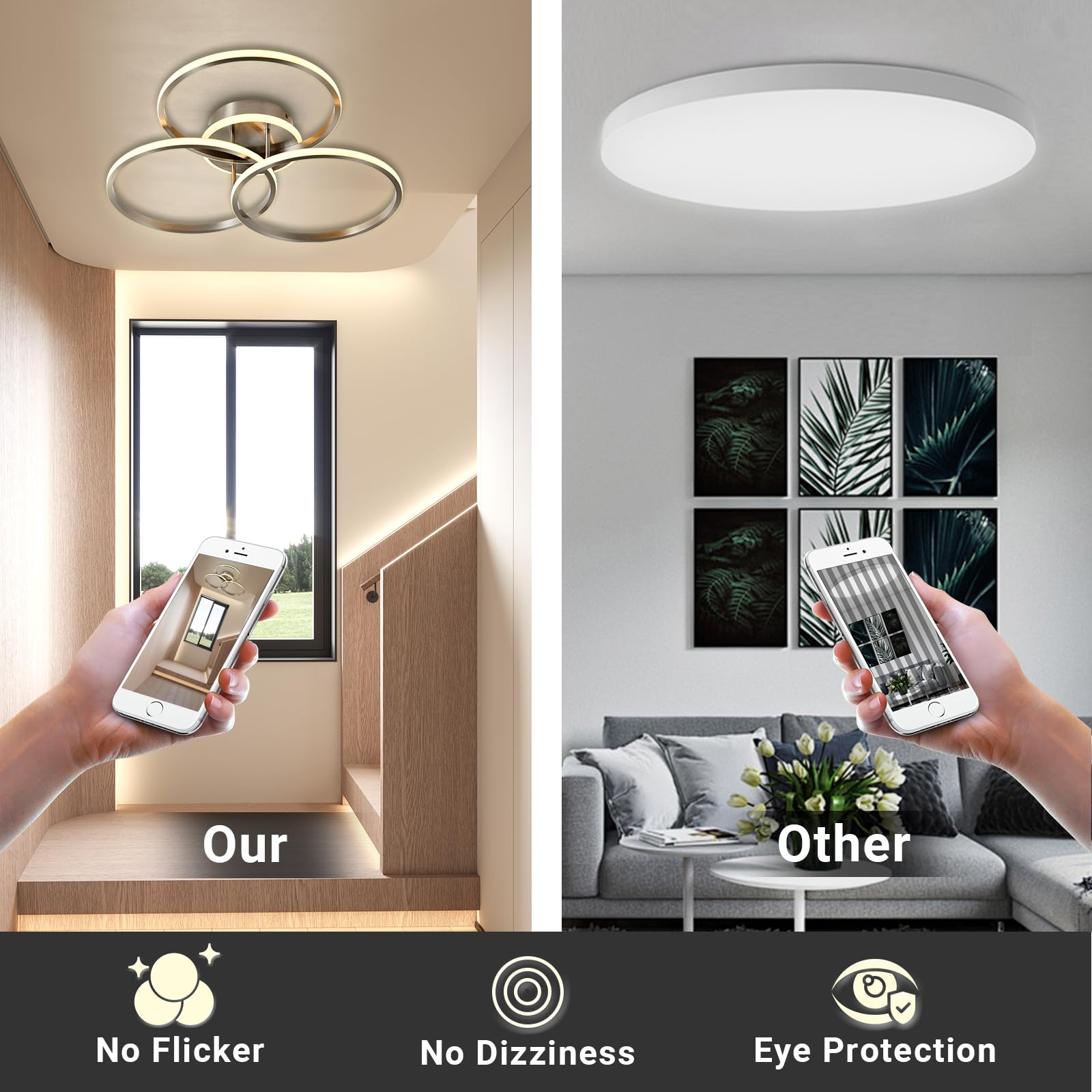 LED-Deckenleuchte mit drei ringförmigen Lampenschirmen, flachem Kreisstrahler.