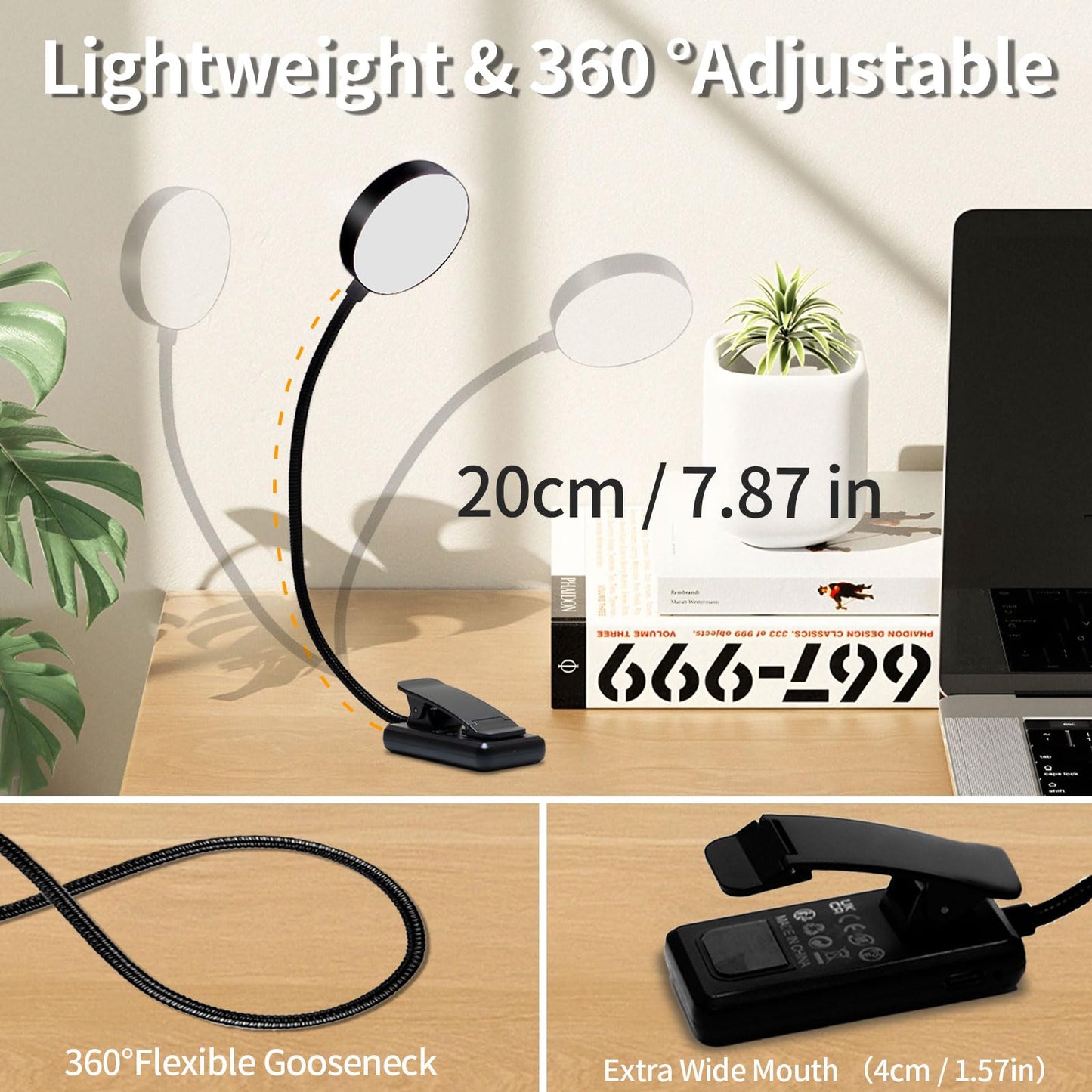 LQWELL® USB-Leselampe mit 360° flexiblem Schwanenhals und breiter Lampenbasis