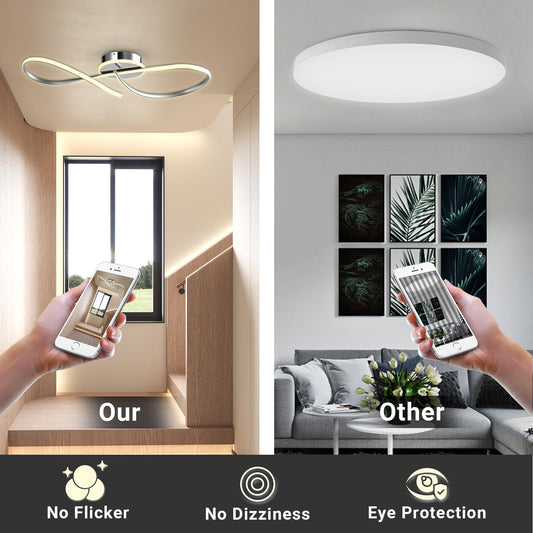 LED-Deckenleuchte mit Chrom-Mitte und warmweißen, geschwungenen Ovalringen im Raum