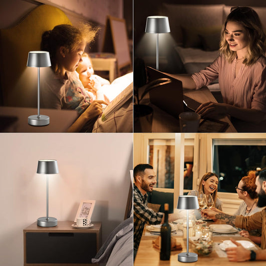 LED-Tischlampe mit Lampenschirm auf schmalem Standfuß, silberfarben, kabellos