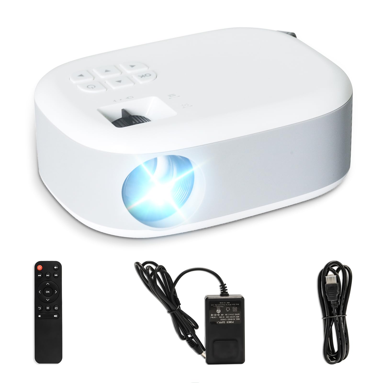 Tragbarer Mini-Beamer LQWELL® in Weiß mit Frontlinse und integrierter LED-Projektion