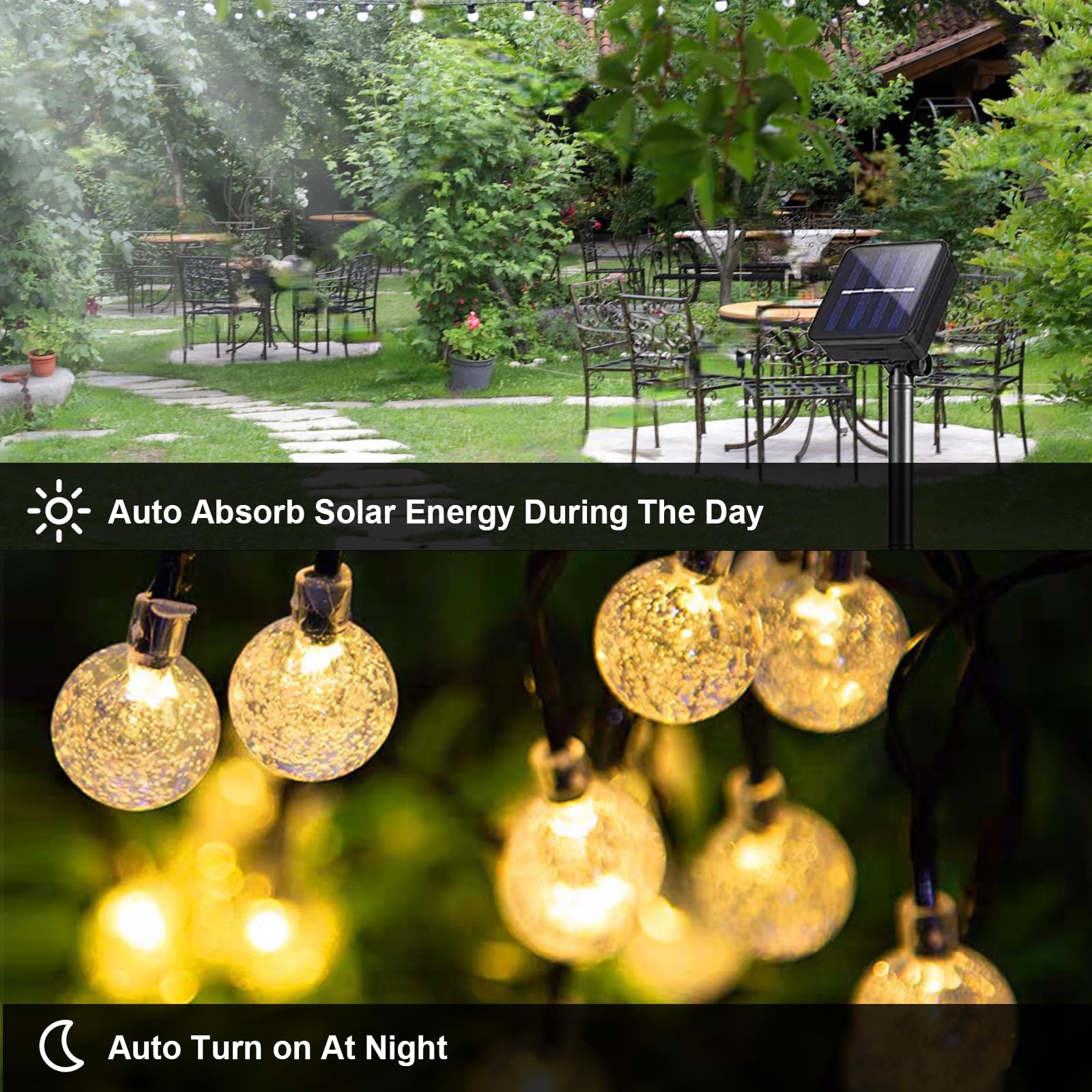 Solar-Lichterkette mit warmweiß leuchtenden Glaskugeln und Solarpanel im Garten