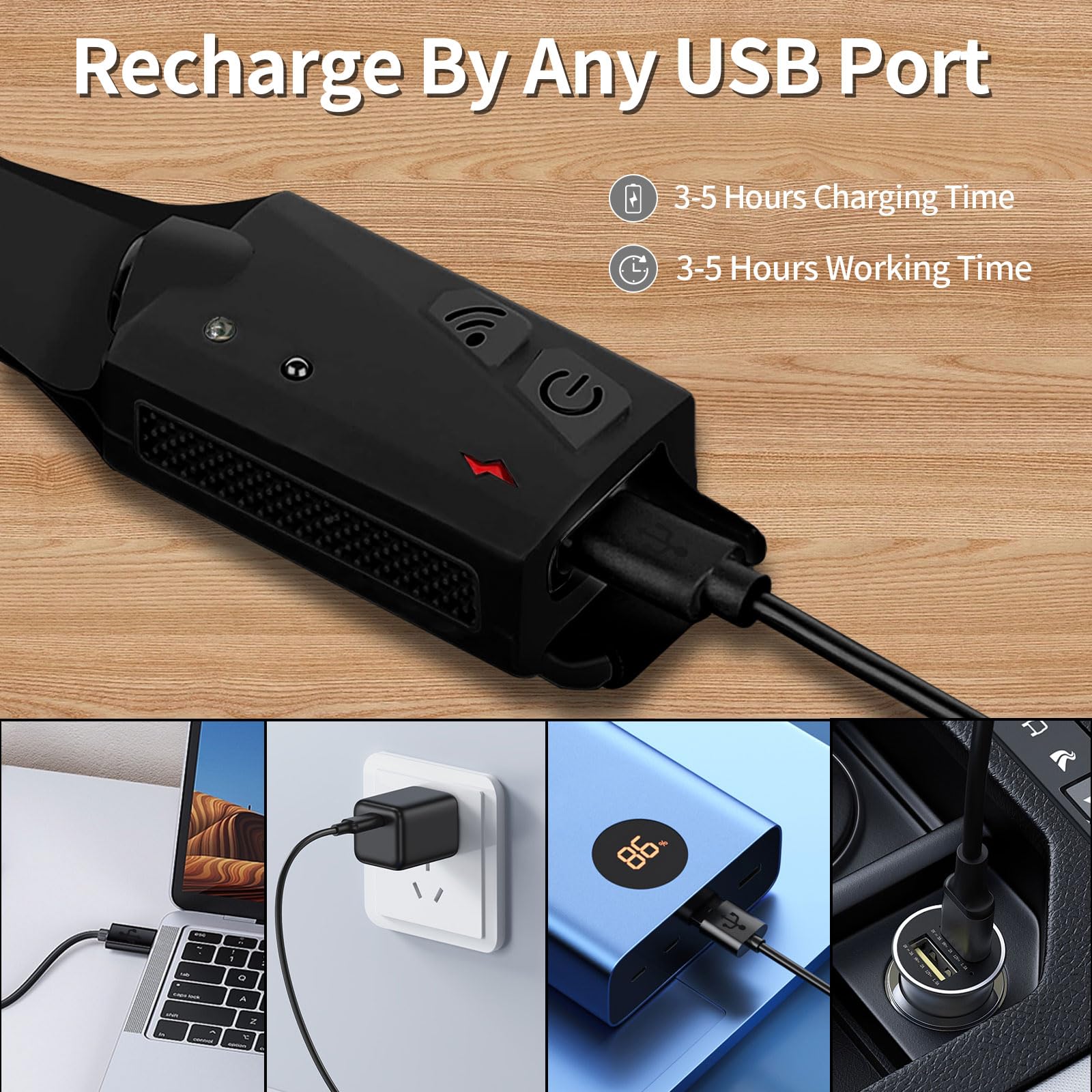 LED-Stirnlampe mit USB-Typ-C-Ladekabel im Nahblick auf den Ladeanschluss.