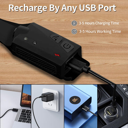 LED-Stirnlampe mit USB-Typ-C-Ladekabel im Nahblick auf den Ladeanschluss.