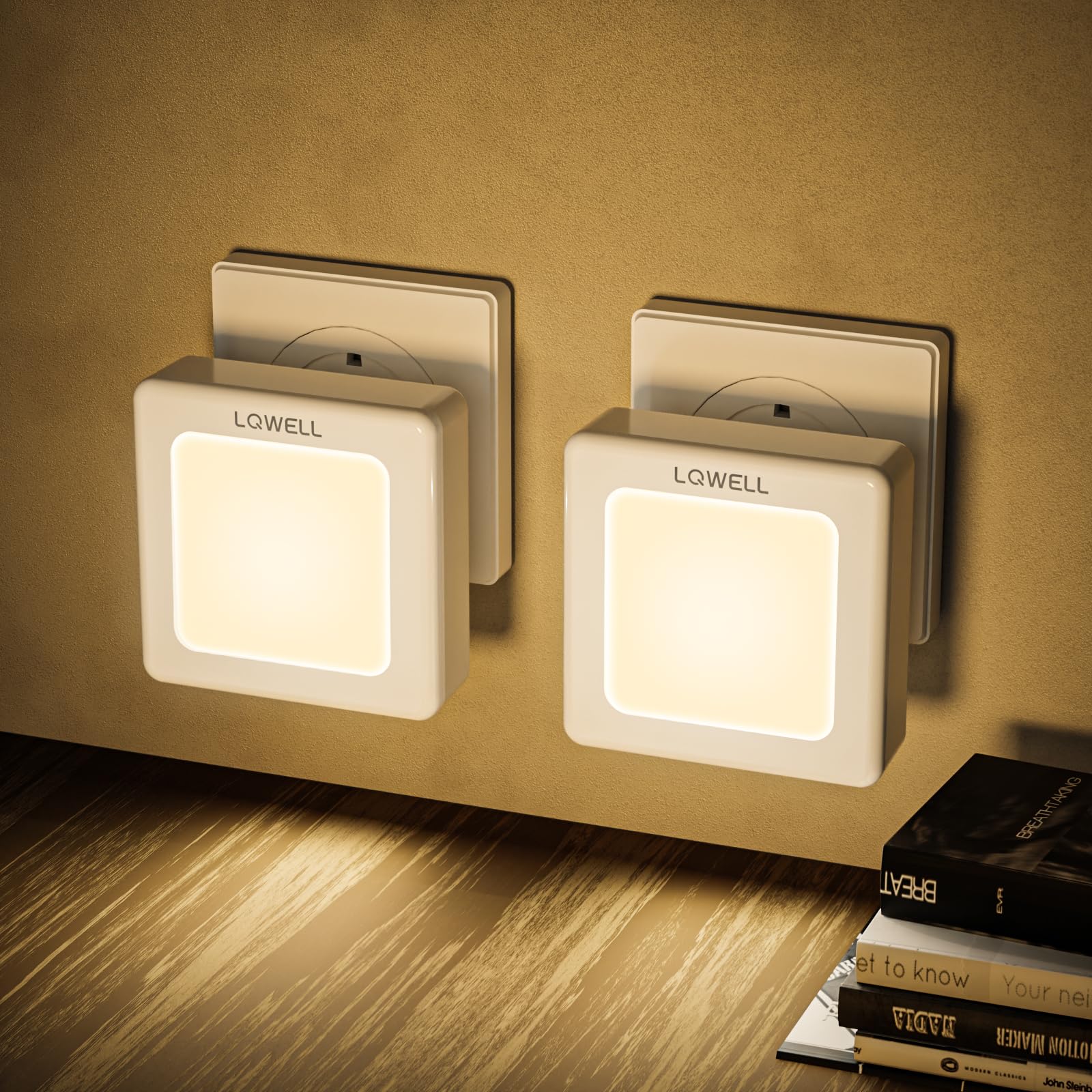 Faltbares LQWELL Nachtlicht: Steckdosenadapter mit warmweißem Quadrat-Licht, 2er-Set