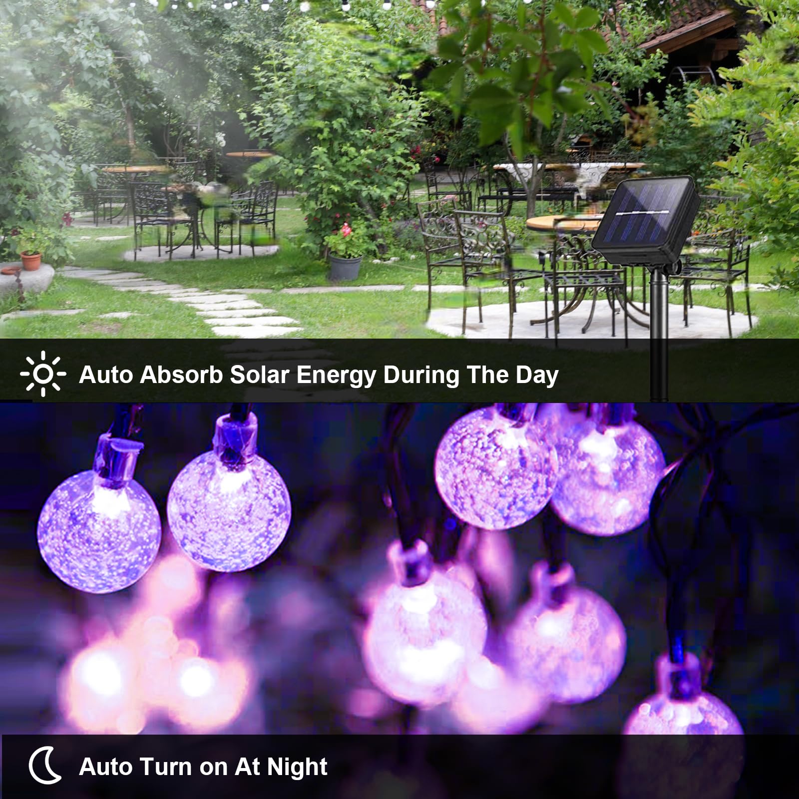 Solar-Lichterkette mit violetten Glaskugeln, Solarpanel an der Kabelkette