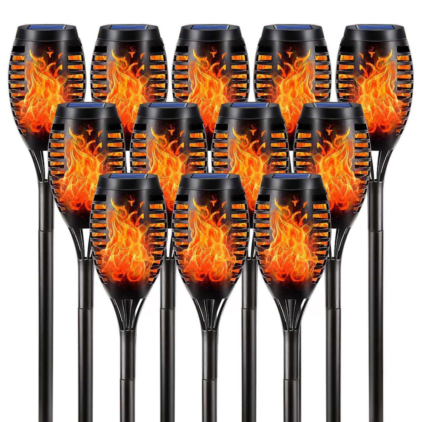 Set aus 12 Solar-Fackellichtern mit Flammen-LED, schwarzer Stab und flackernde Flamme