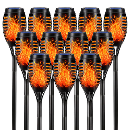 Set aus 12 Solar-Fackellichtern mit Flammen-LED, schwarzer Stab und flackernde Flamme