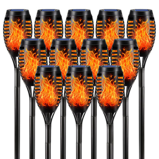 Set aus 12 Solar-Fackellichtern mit Flammen-LED, schwarzer Stab und flackernde Flamme