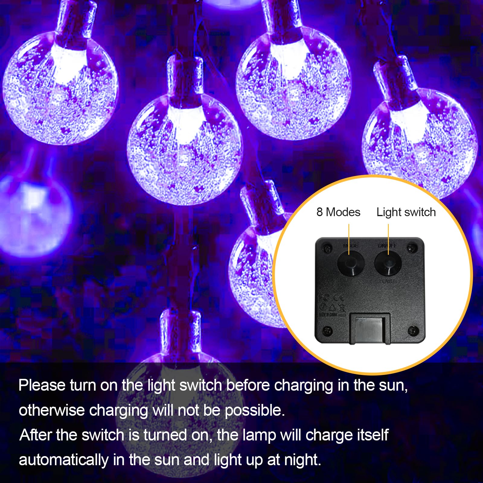 Solar-Lichterkette mit violetten Glaskugeln und Lichtschalter-Box