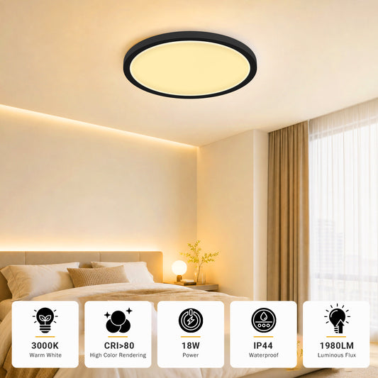 Runde, flache LED-Deckenleuchte mit schwarzem Rand und gleichmäßigem Lichtkreis