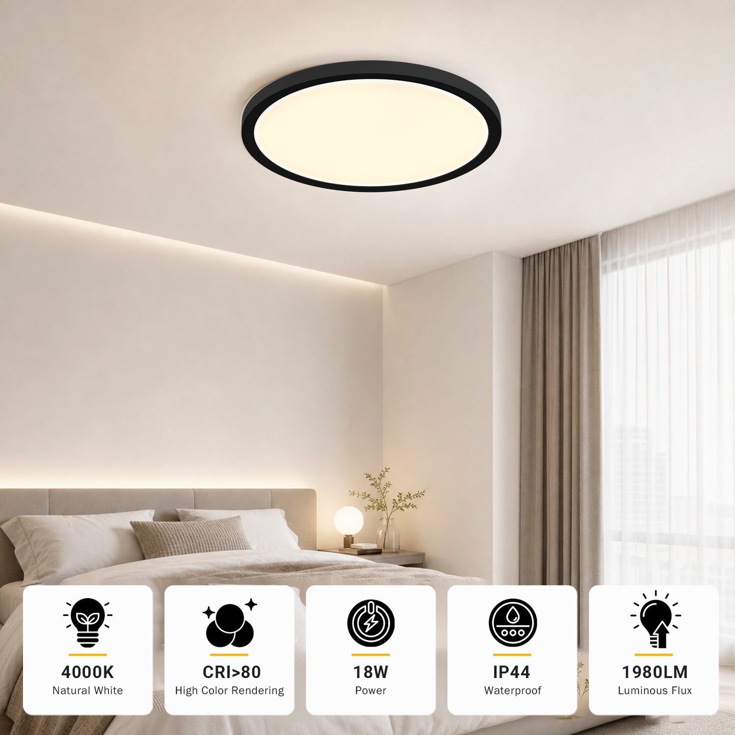 Runde LED-Deckenleuchte mit schwarzem Rahmen und warmweiß leuchtender Abdeckung