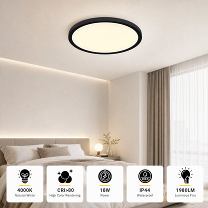 Runde LED-Deckenleuchte mit schwarzem Rahmen und warmweiß leuchtender Abdeckung