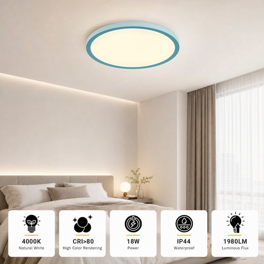 Flache runde LED-Deckenleuchte mit blauem Rand, gleichmäßig beleuchtet, warmweiß