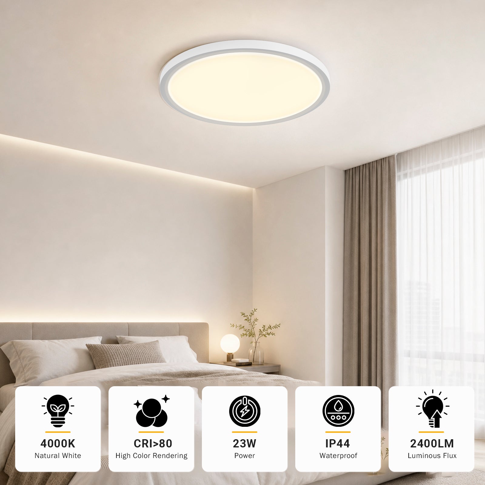 LQWELL® LED-Deckenleuchte rund an der Decke, IP44, flach, mit gleichmäßigem Lichtschein