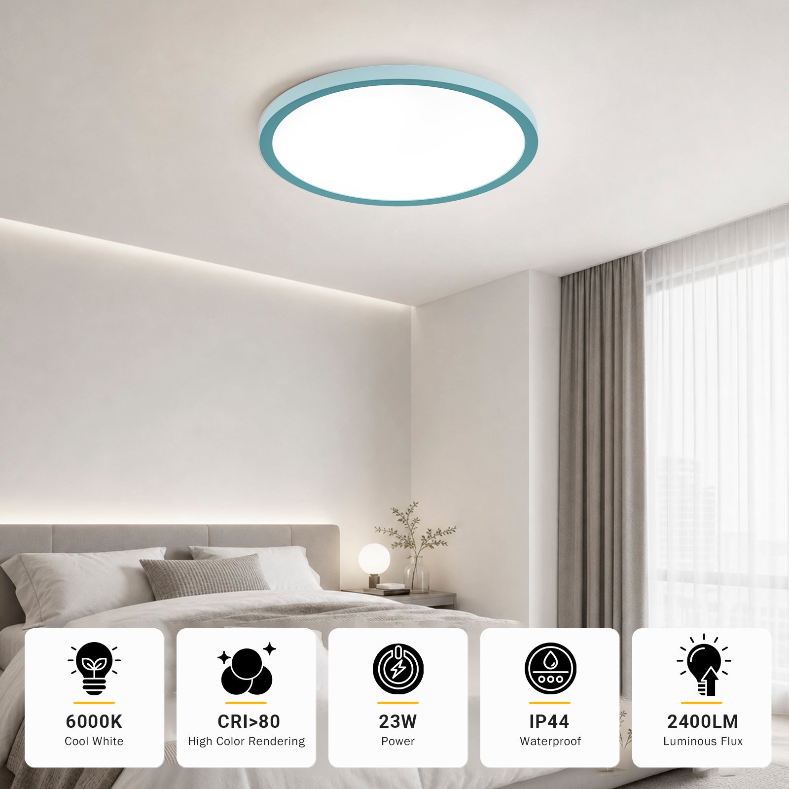 Runde LED-Deckenleuchte, flacher Ring, im Bad/Wohnraum montiert, kühle weiße Lichtfarbe