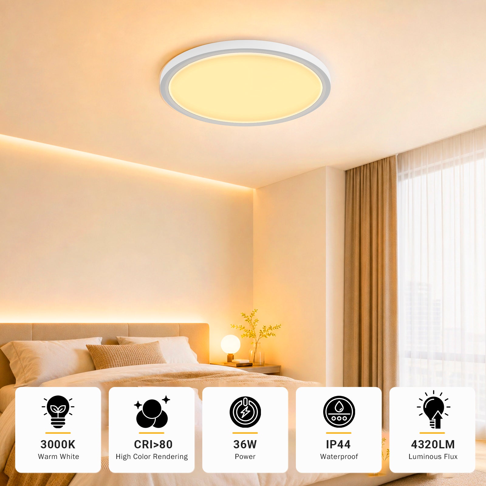 Runde LED-Deckenleuchte, flach, weißer Leuchtring, IP44 spritzwassergeschützt