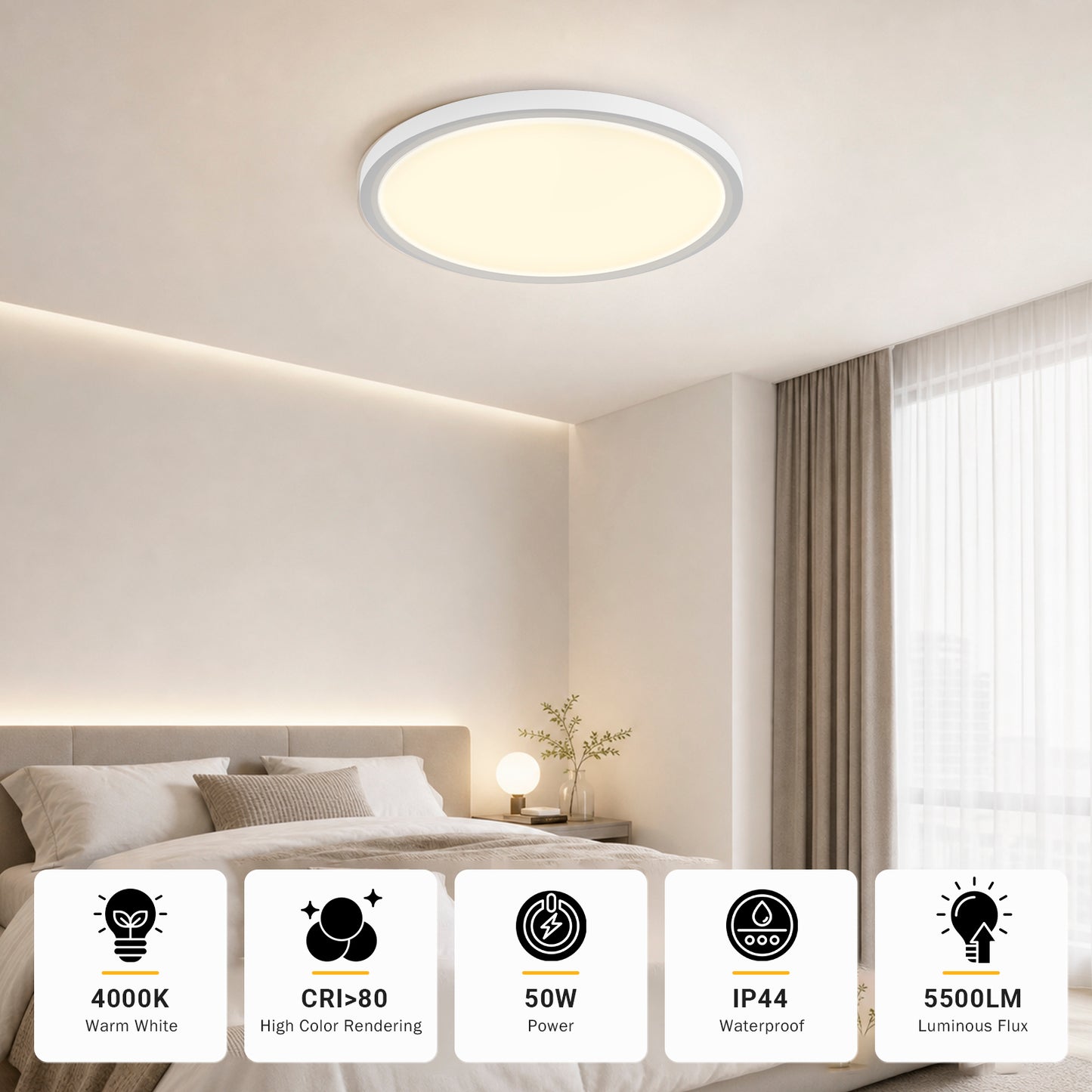 Flache runde LED-Deckenleuchte mit warmweißem Licht, gleichmäßige Ausleuchtung