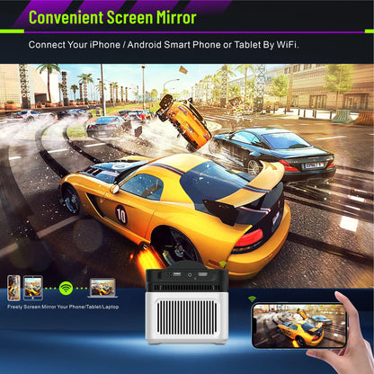 Heimkino-Beamer mit Screen-Mirroring, Projektor neben Smartphone im Betrieb.