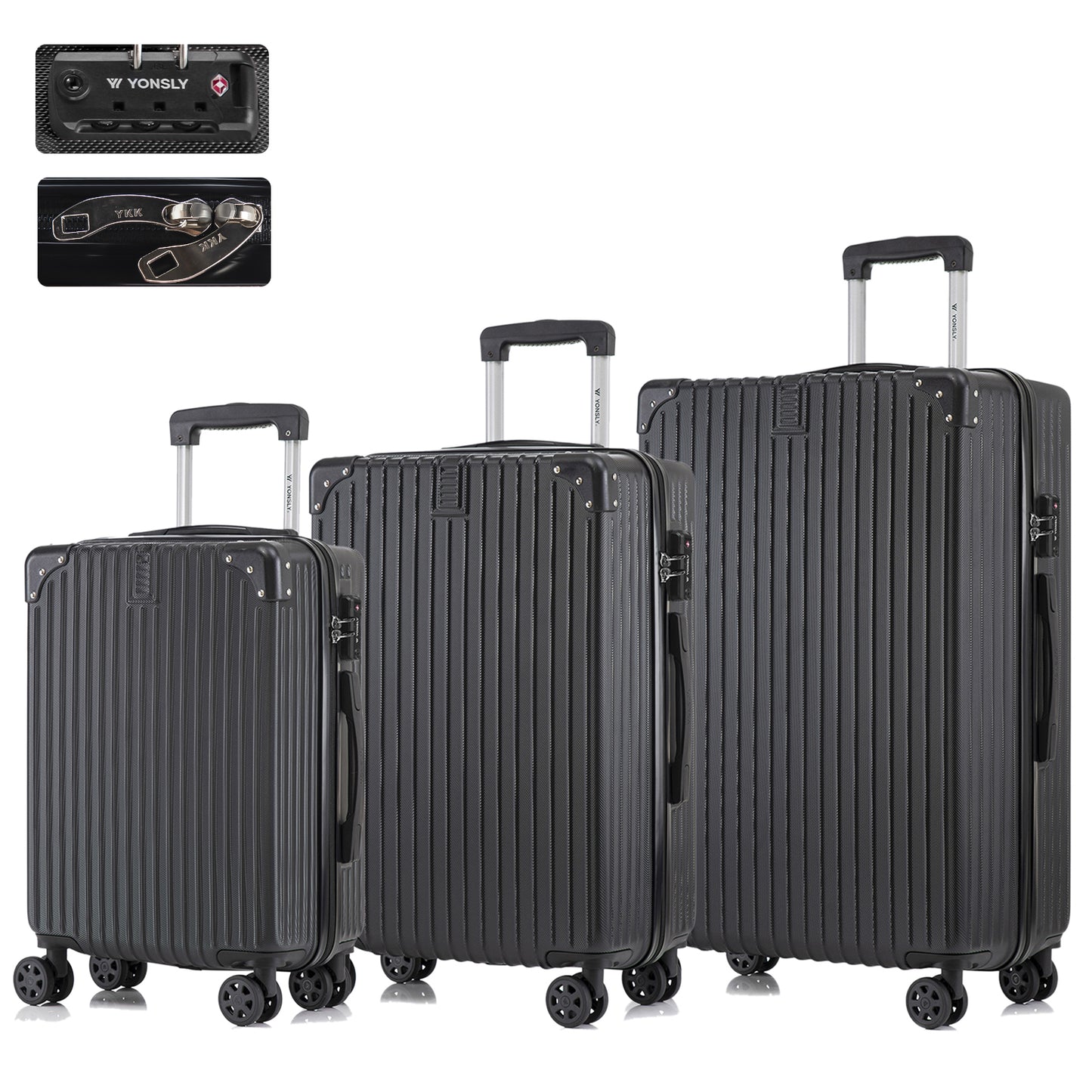 Hartschalen-Koffer-Set mit 4 Rollen, drei Trolleys in dunklem Schwarz