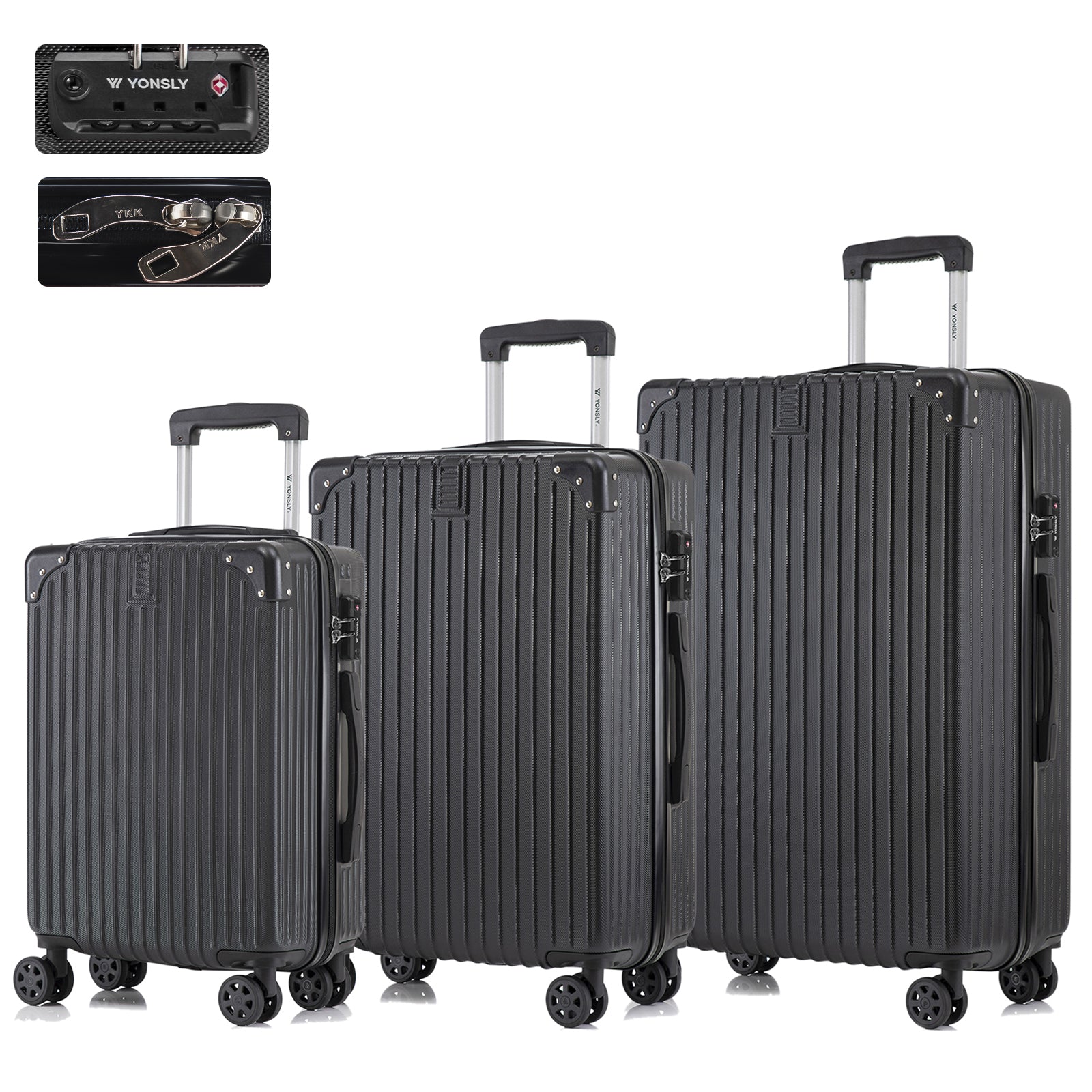 Hartschalen-Koffer-Set mit 4 Rollen, drei Trolleys in dunklem Schwarz