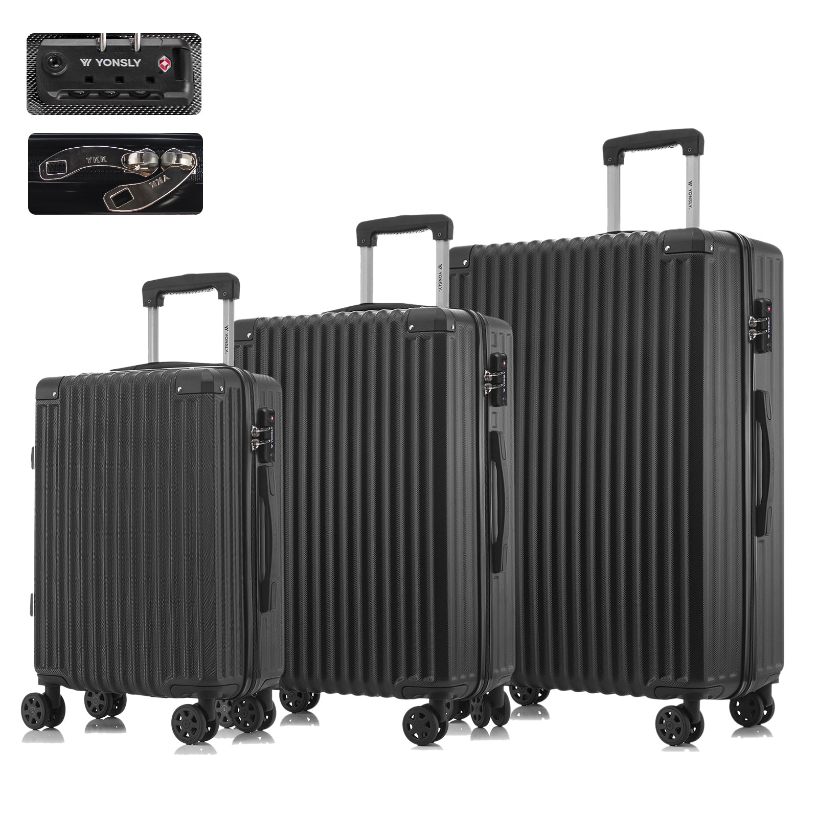 Reisekoffer-Set mit 3 Hartschalen-Trolleys in Schwarz, gerippt, mit 4 Rollen und TSA-Schloss
