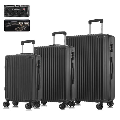 Reisekoffer-Set mit 3 Hartschalen-Trolleys in Schwarz, gerippt, mit 4 Rollen und TSA-Schloss