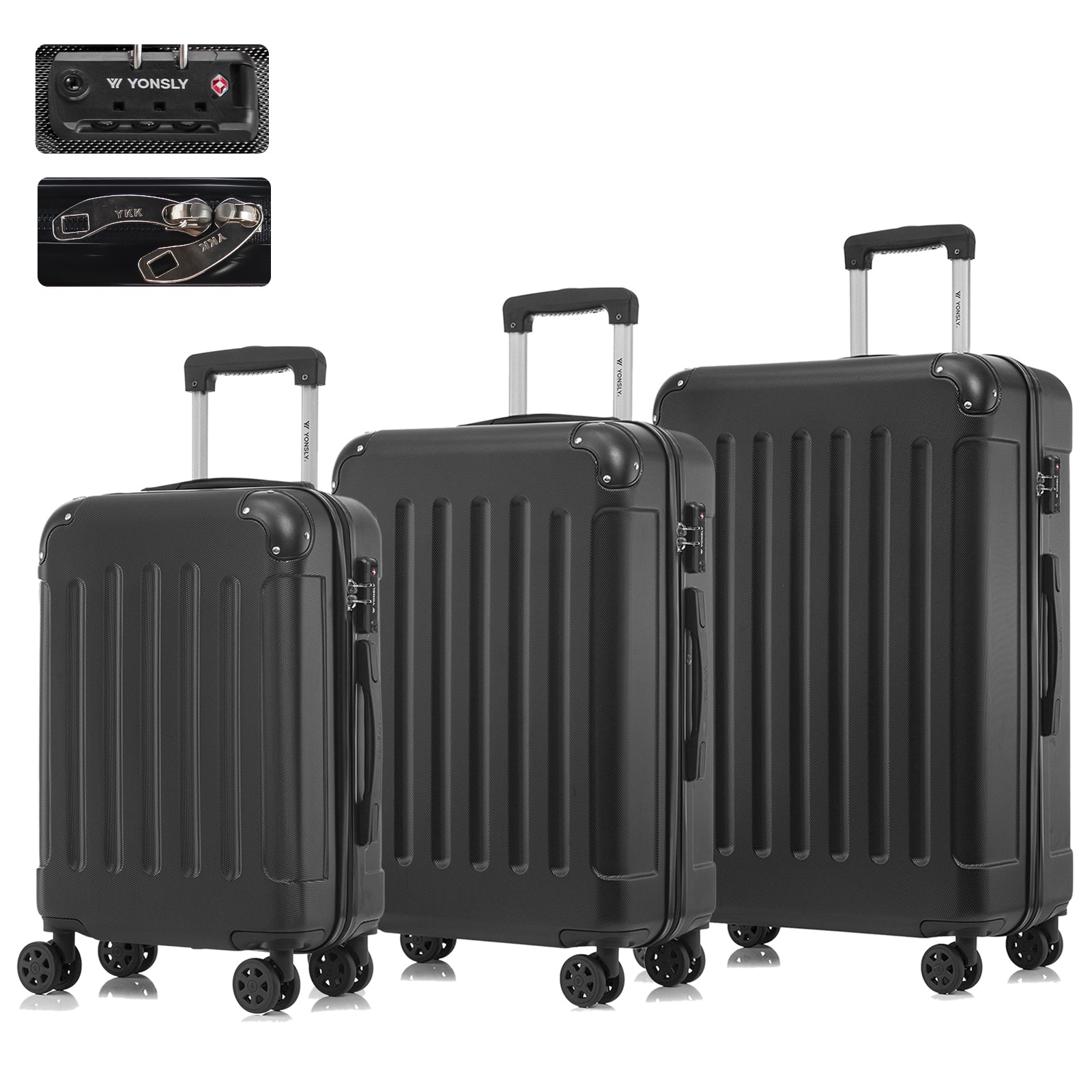 Hartschalen-Reisekoffer-Set mit TSA-Schloss, 3 Trolleys in Schwarz, 4 Rollen, Teleskopgriff