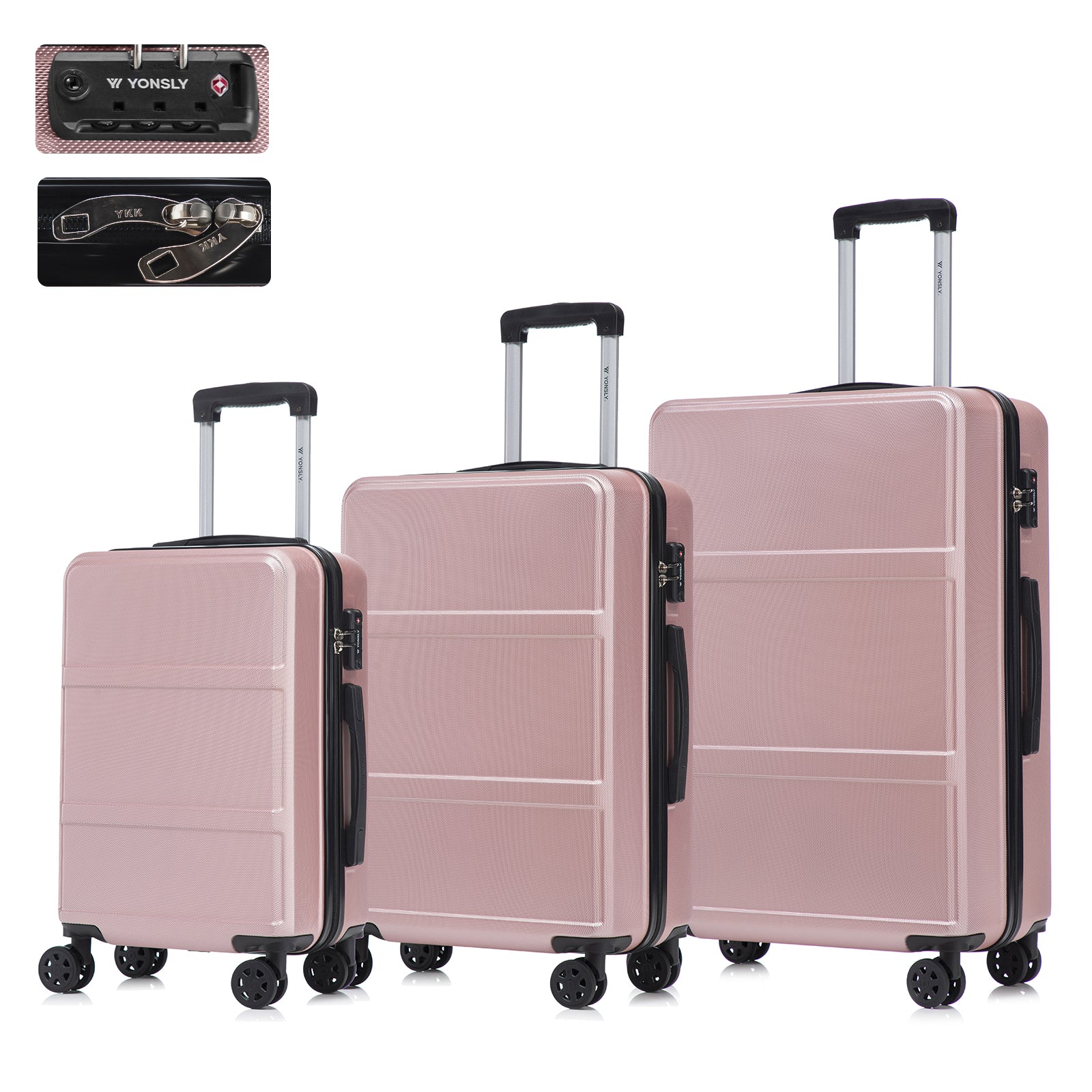 3-teiliges Reisekoffer-Set mit Hartschale, vier Rollen und TSA-Schloss, Rosé