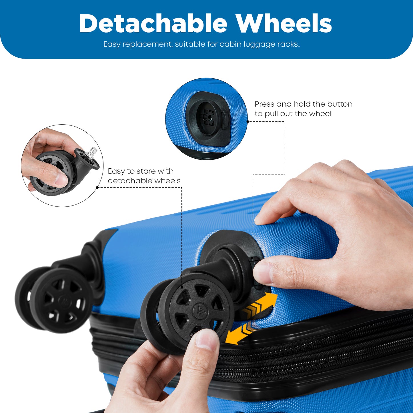 Abnehmbare 4 Rollen am Hartschalen-Kabinenkoffer, Druckmechanismus am Rollenfach