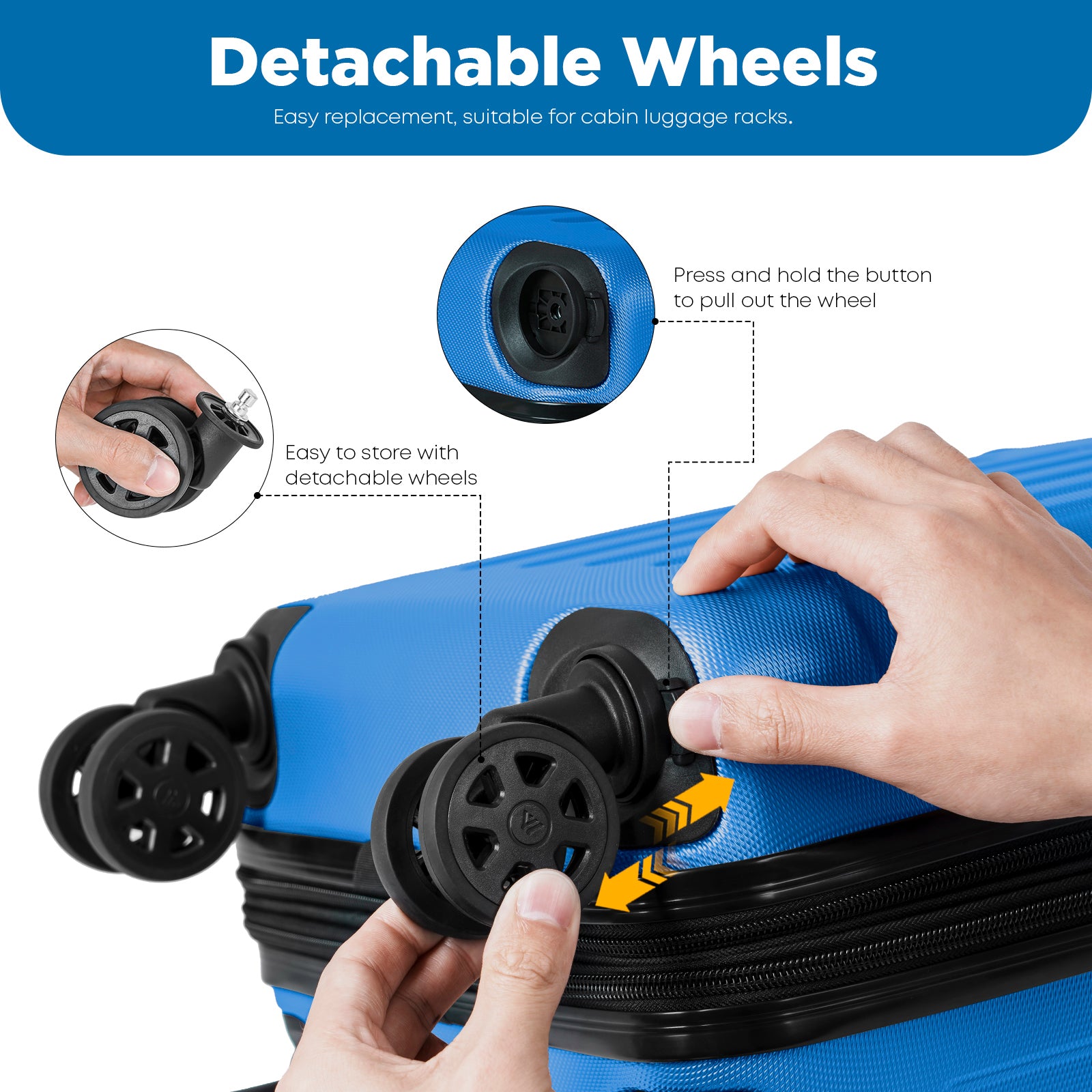 Abnehmbare 4 Rollen am Hartschalen-Kabinenkoffer, Druckmechanismus am Rollenfach