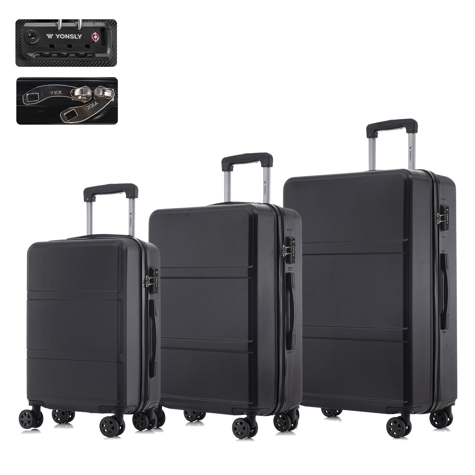 YONSLY® Hartschalen-Trolley-Set mit TSA-Schloss, drei Koffer mit 4 Rollen, dunkel