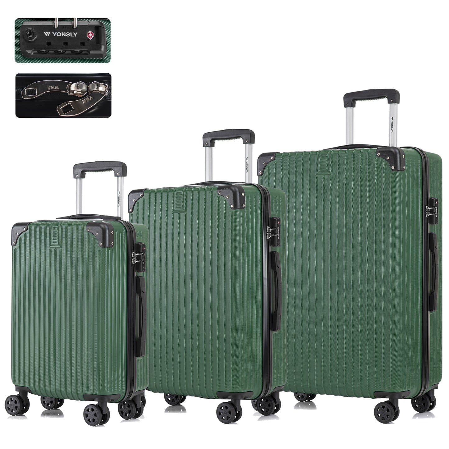 Hartschalen-Koffer-Set mit 4 Rollen, drei Trolleys in Dunkelgrün