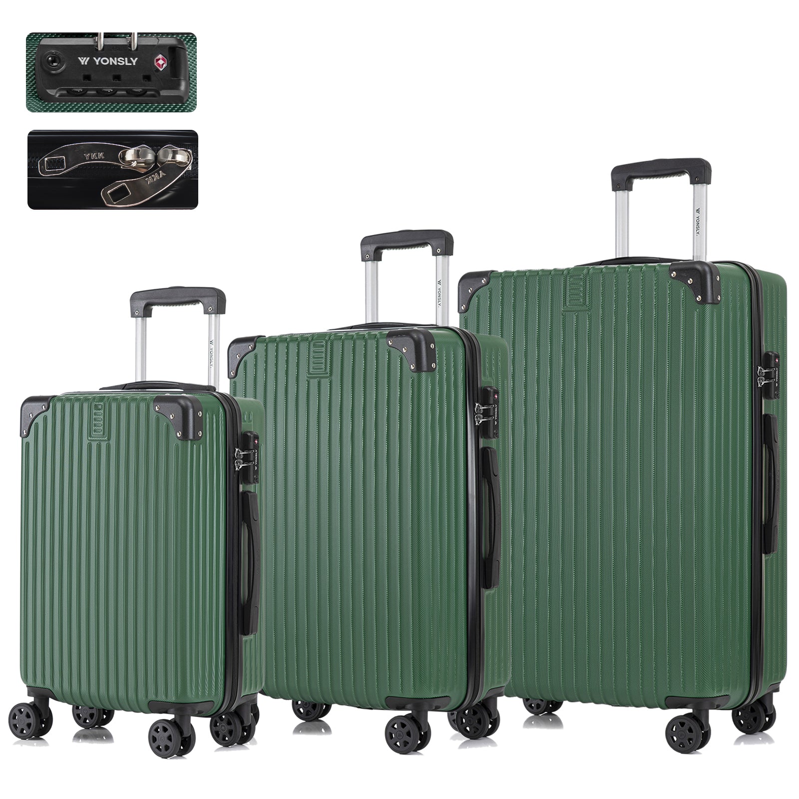 Hartschalen-Koffer-Set mit 4 Rollen, drei Trolleys in Dunkelgrün