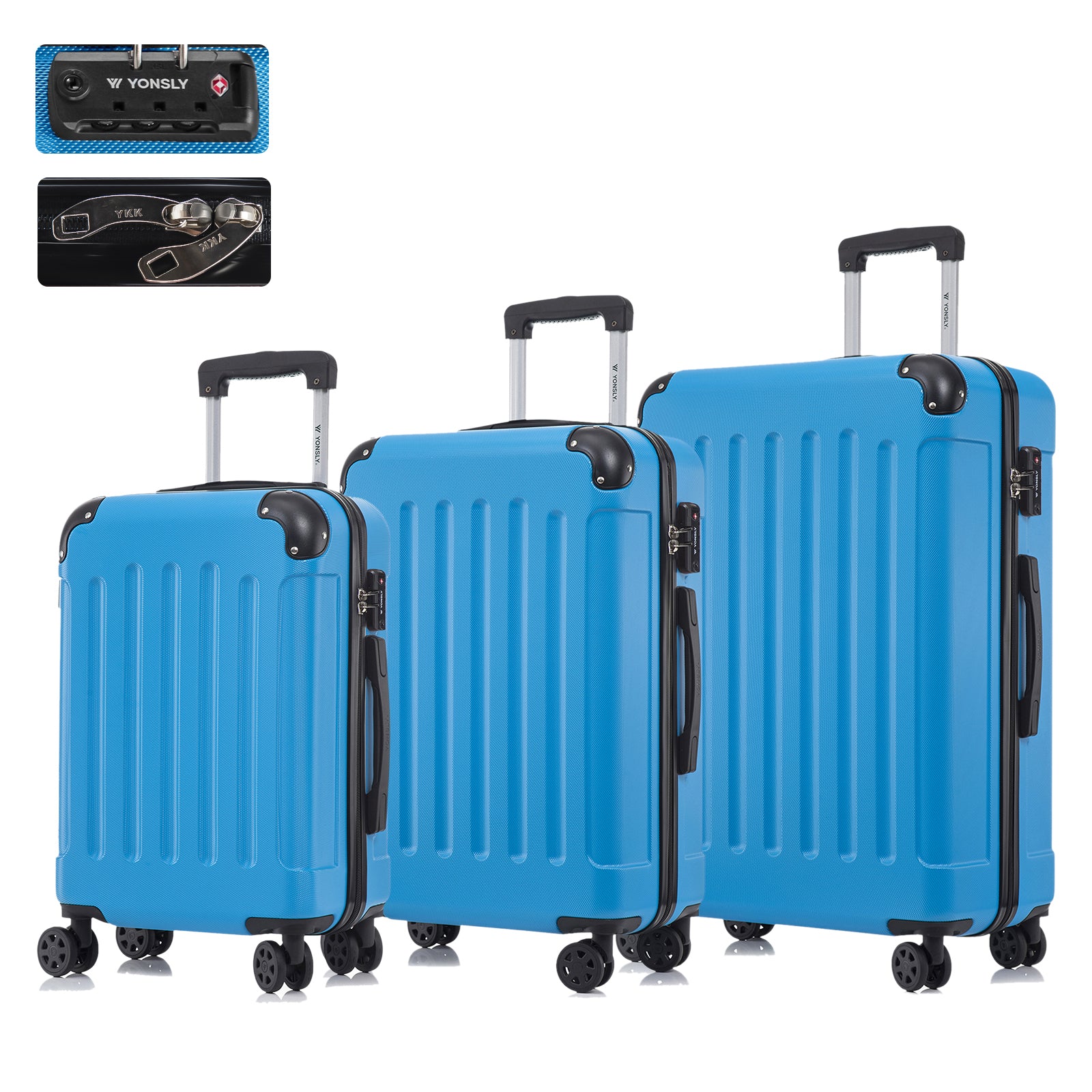 Hartschalen-Reisekoffer-Set mit TSA-Schloss, 3 Trolleys in Blau, 4 Rollen, Teleskopgriff