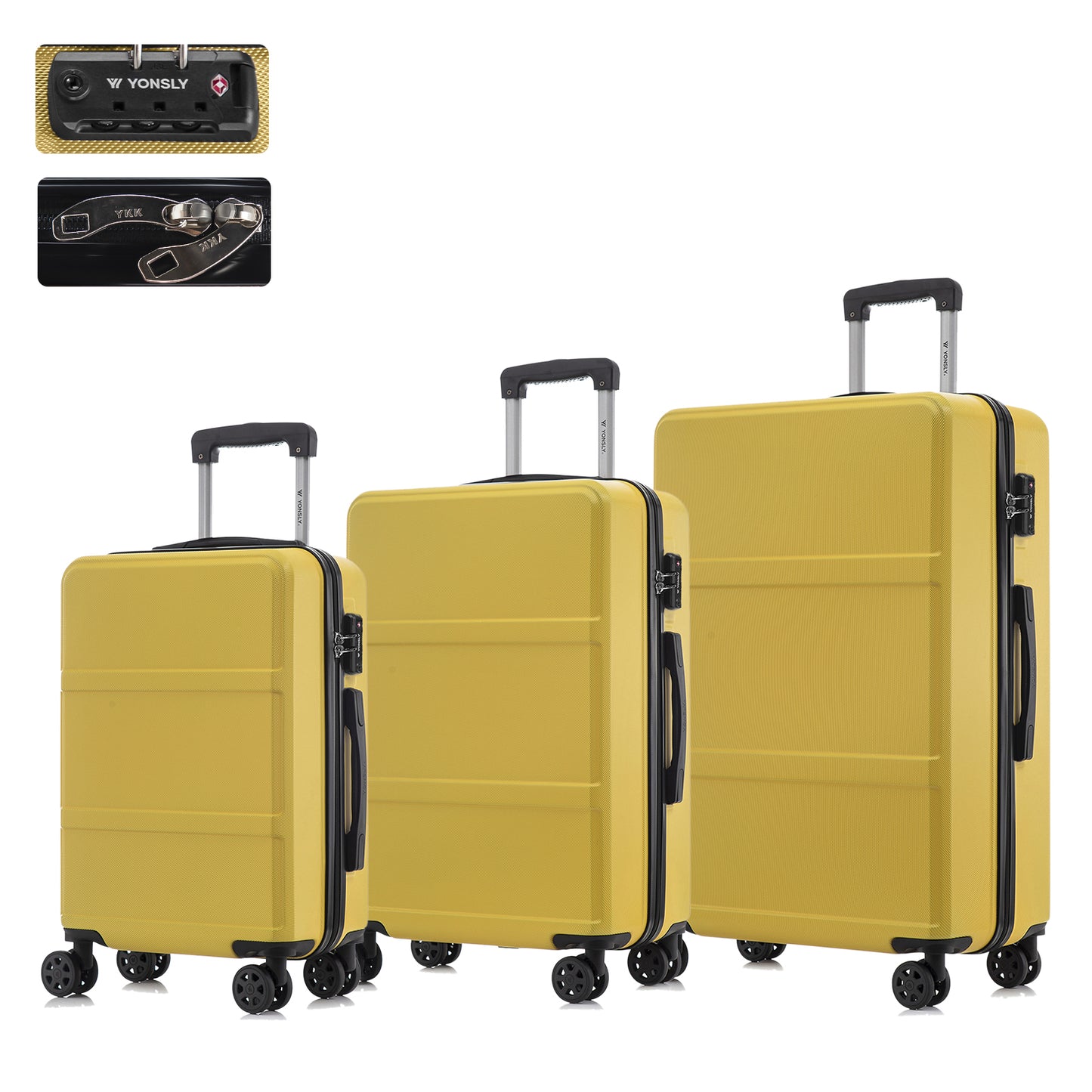 YONSLY® Hartschalen-Trolley-Set mit TSA-Schloss, drei Koffer mit 4 Rollen, gelb