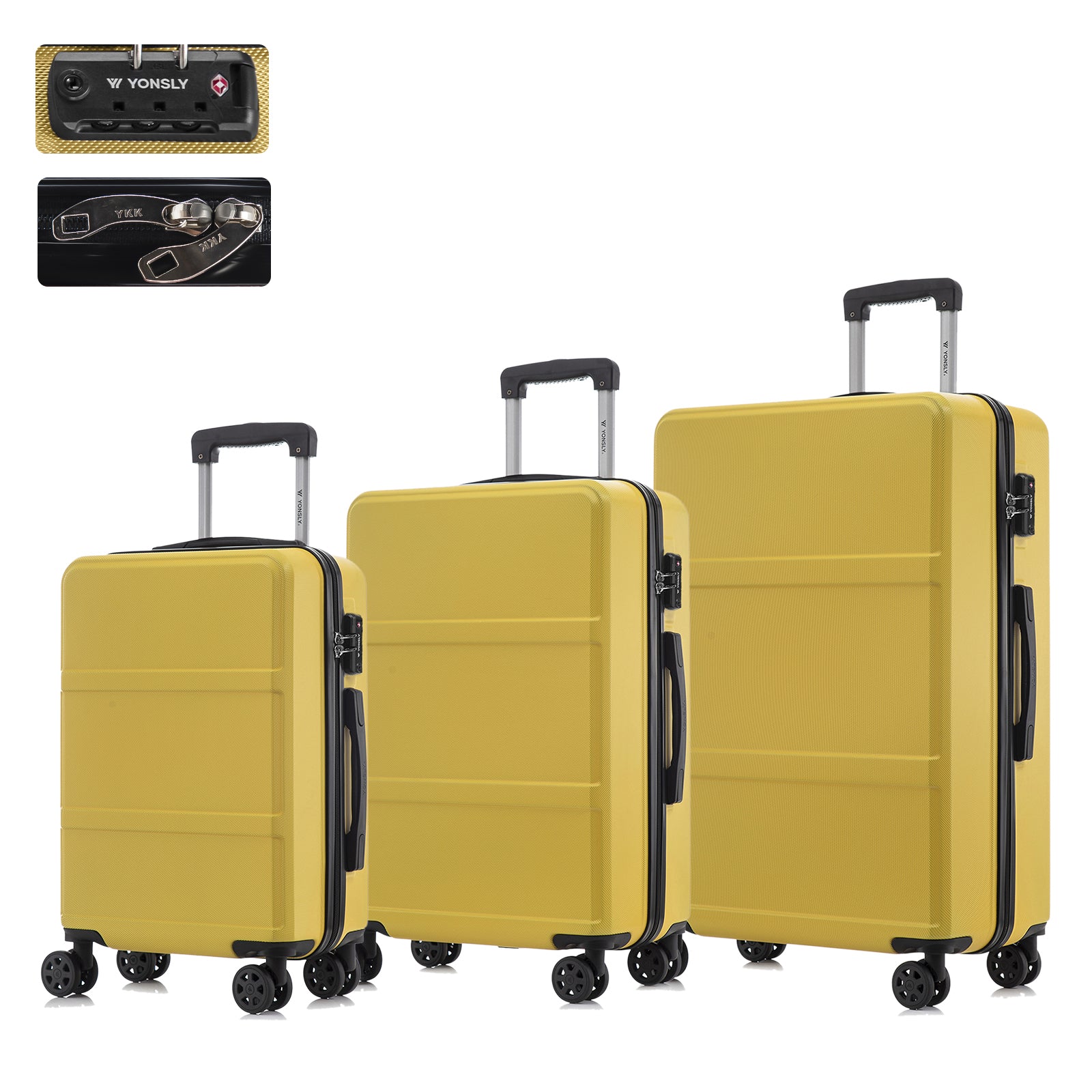 YONSLY® Hartschalen-Trolley-Set mit TSA-Schloss, drei Koffer mit 4 Rollen, gelb