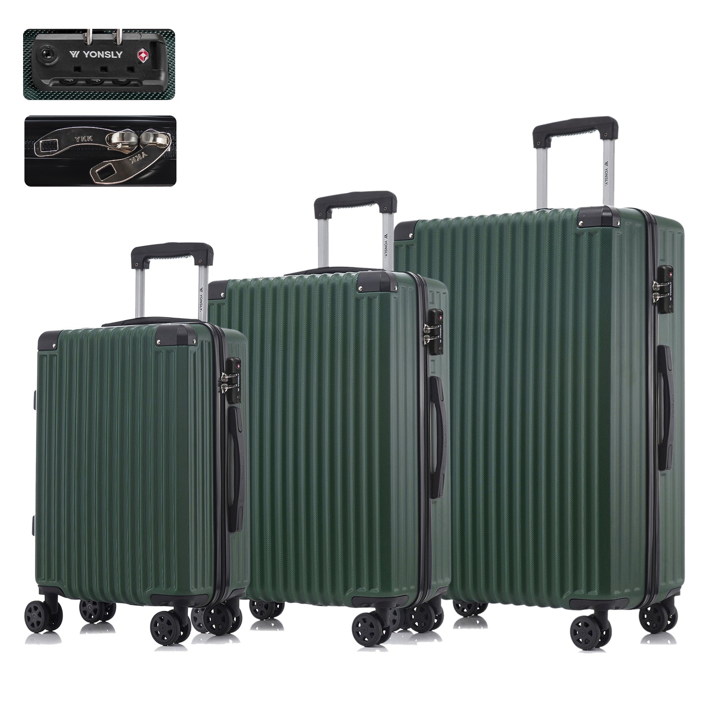 Hardschalen-Trolley-Set mit 3 Koffern, dunkelgrünem Rippendesign, 4 Rollen, Teleskopgriff
