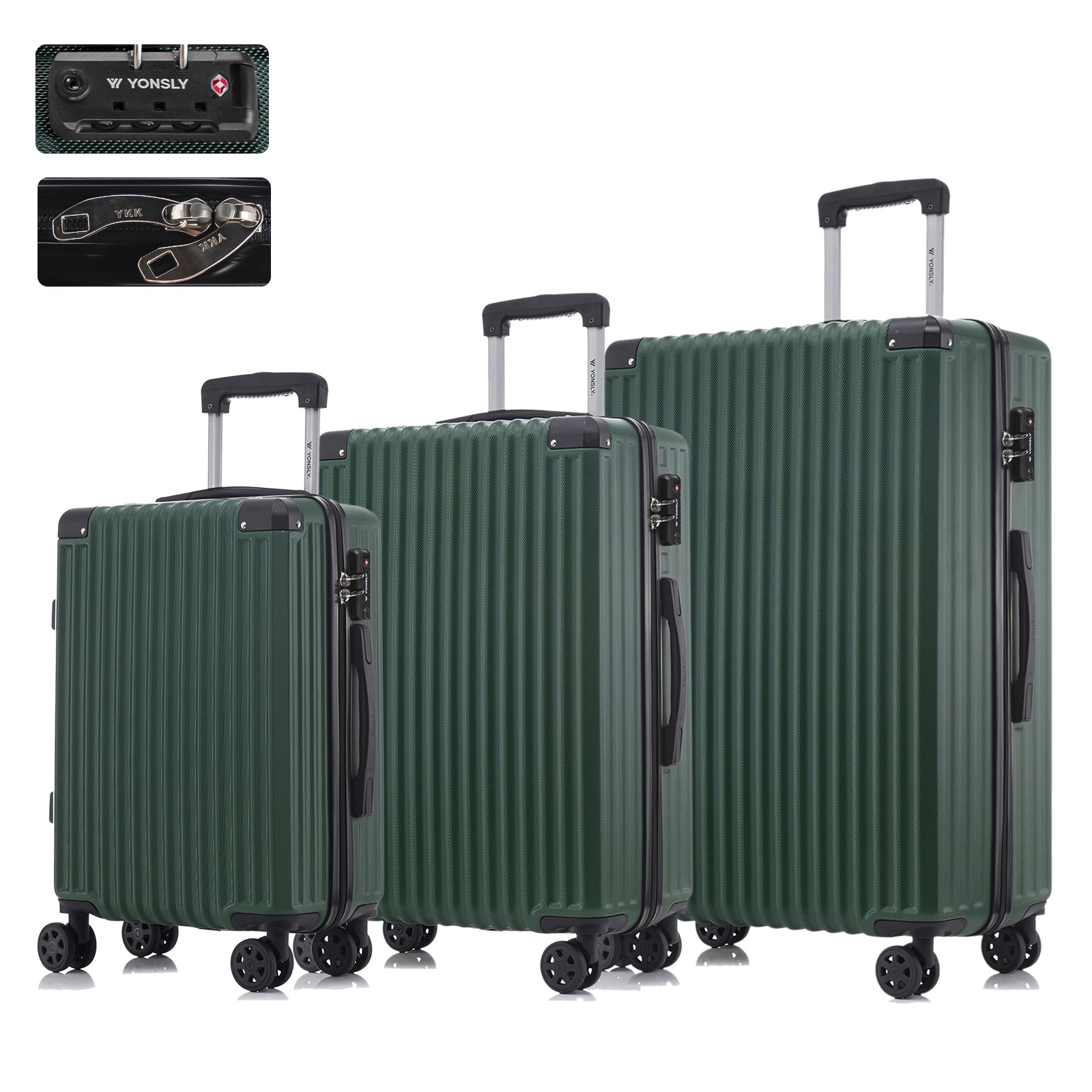 Hardschalen-Trolley-Set mit 3 Koffern, dunkelgrünem Rippendesign, 4 Rollen, Teleskopgriff