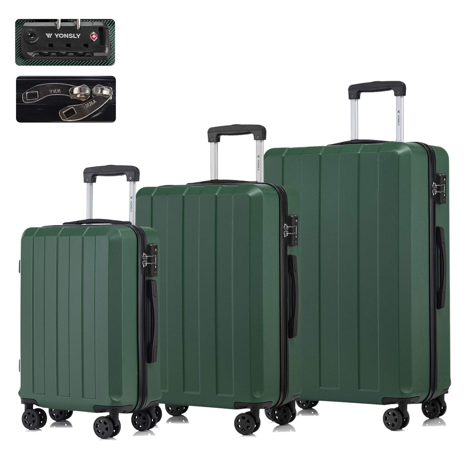 Hartschalen-Reisekoffer-Set mit Trolleygriff, TSA-Schloss und 4 Rollen, dunkelgrün (3-tlg.)