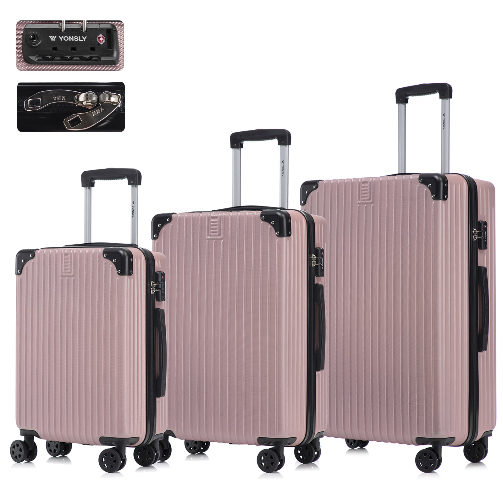 3-teiliges Hartschalenkoffer-Set in Rosé mit geripptem Muster und 4 Doppelrollen